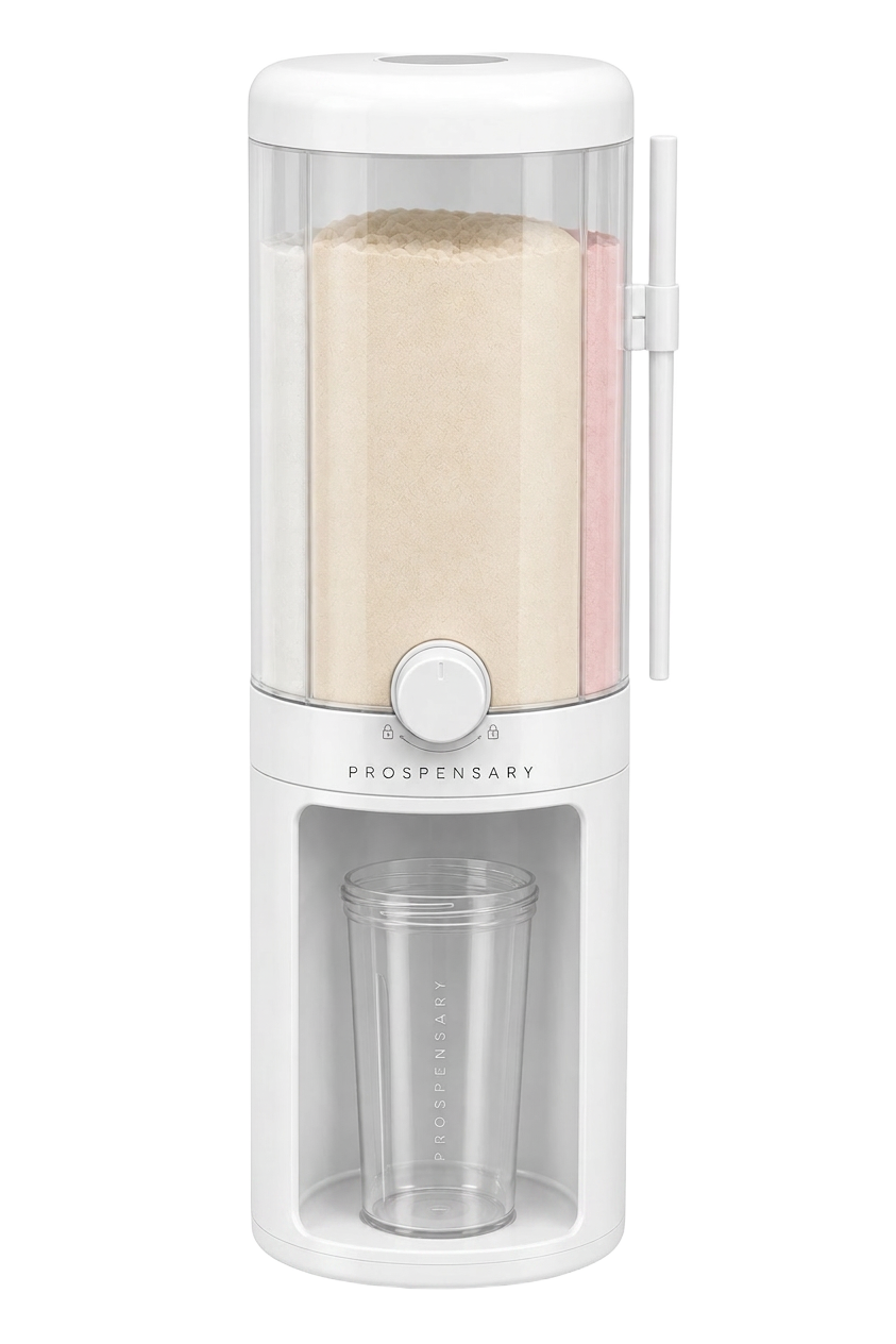 Prospensary three-chamber supplement dispenser with docked shaker